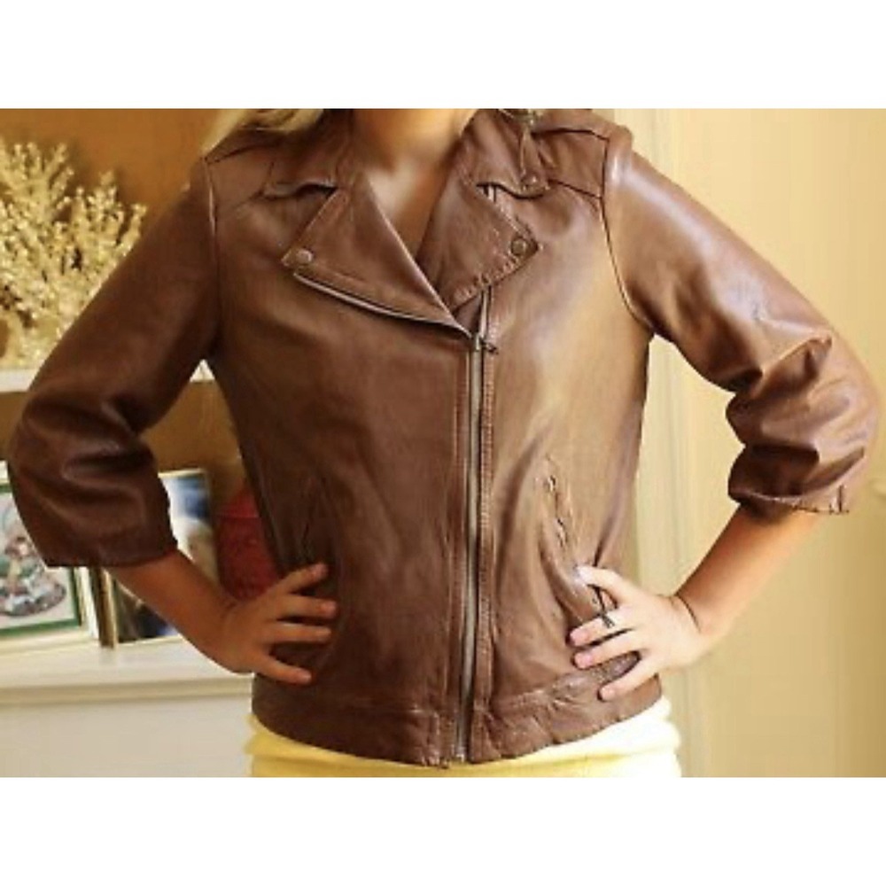 GAP Moto Brown Leather Jacket Women's Sz M 3/4 Sleeves City Grunge